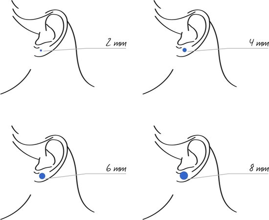 Schematische tekening van oren met oorstekers van 2 mm, 4 mm, 6 mm en 8 mm.