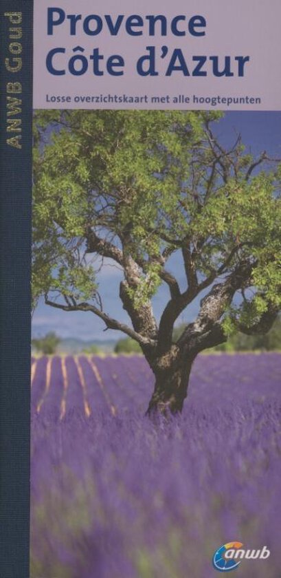 Omslag van de ANWB goud reisgids Provence Côte d'Azur met een boom in een lavendelveld.