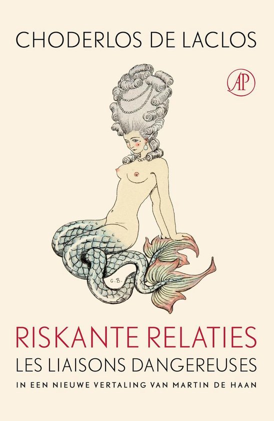 Boekomslag 'Riskante Relaties' met een illustratie van een zeemeermin met een weelderige 18e-eeuwse pruik.