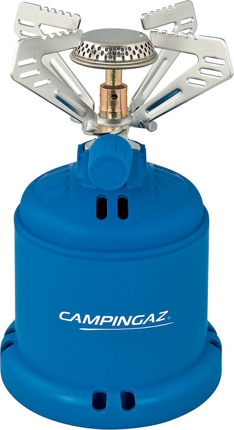 Réchaud à gaz bleu Campingaz avec brûleur et supports argentés.