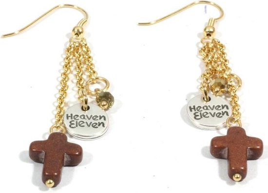 Heaven Eleven - oorbel - gold met Bruin kruisje