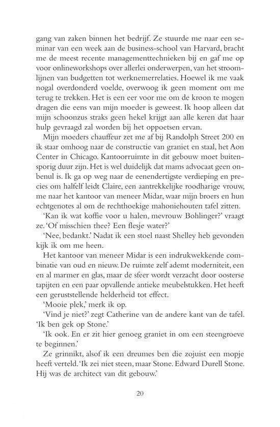 Pagina 20 uit een boek, met tekst over een vrouw en haar zakelijke leven.