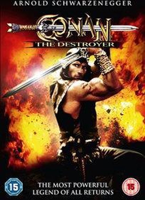 Arnold Schwarzenegger als Conan in 'Conan the Destroyer'. Vuur en een zwaard op de poster.