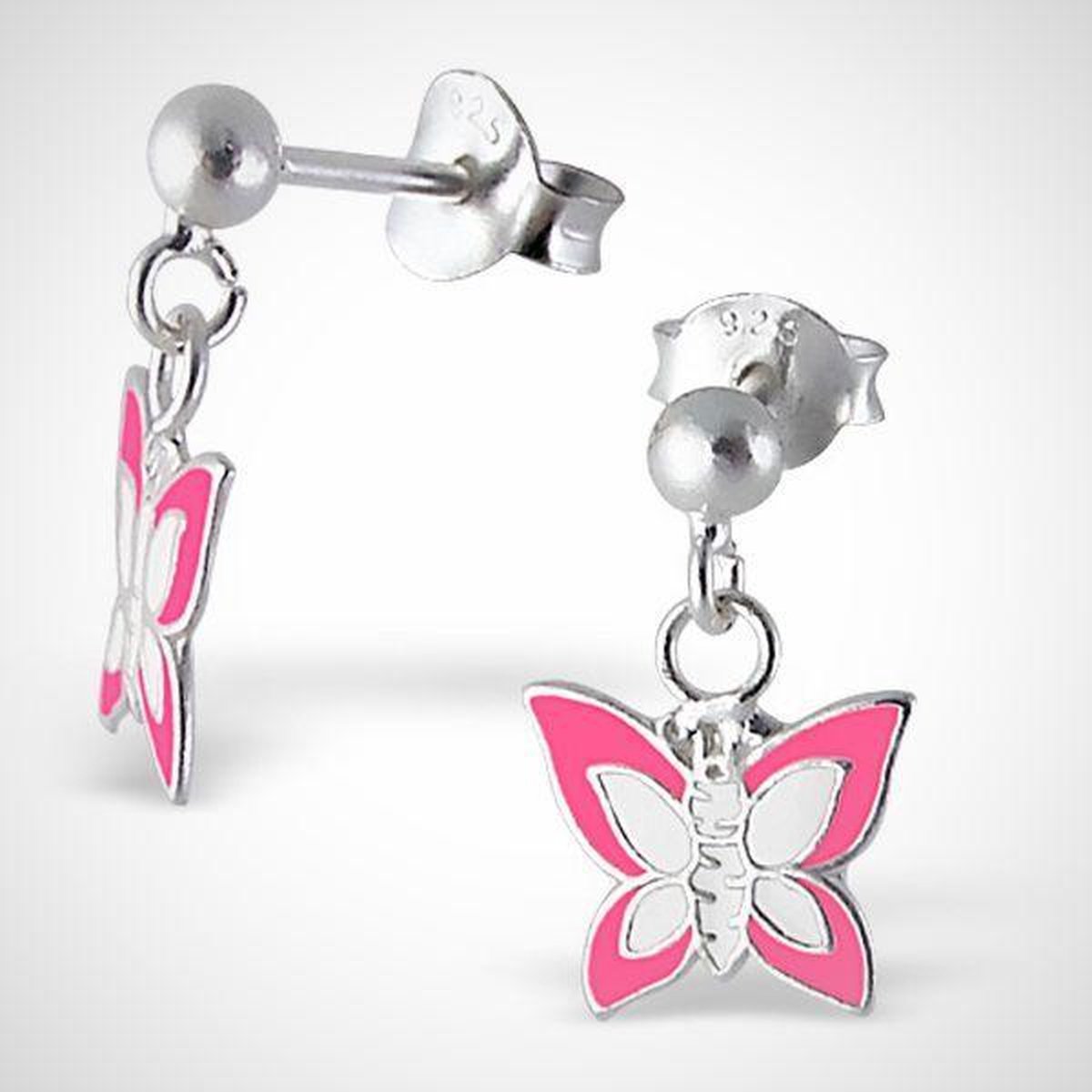 sterling zilveren oorstekers -  vlinder - roze/ wit