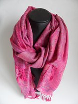 Mooie hippe sjaal van pashmina cirkels figuren in de kleuren roze paars geel groen lengte 180 cm breedte 70 cm versierd met franjes