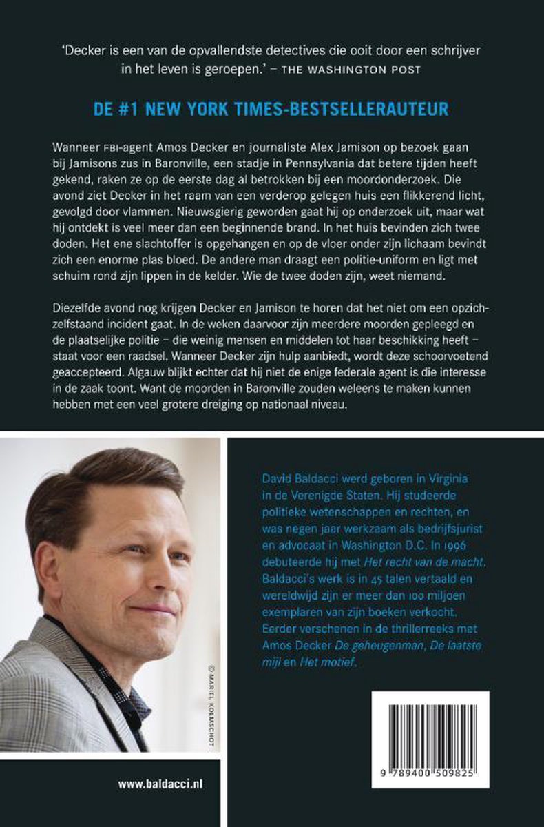 Portret van auteur David Baldacci, met tekst over de 'New York Times'-bestsellerauteur.