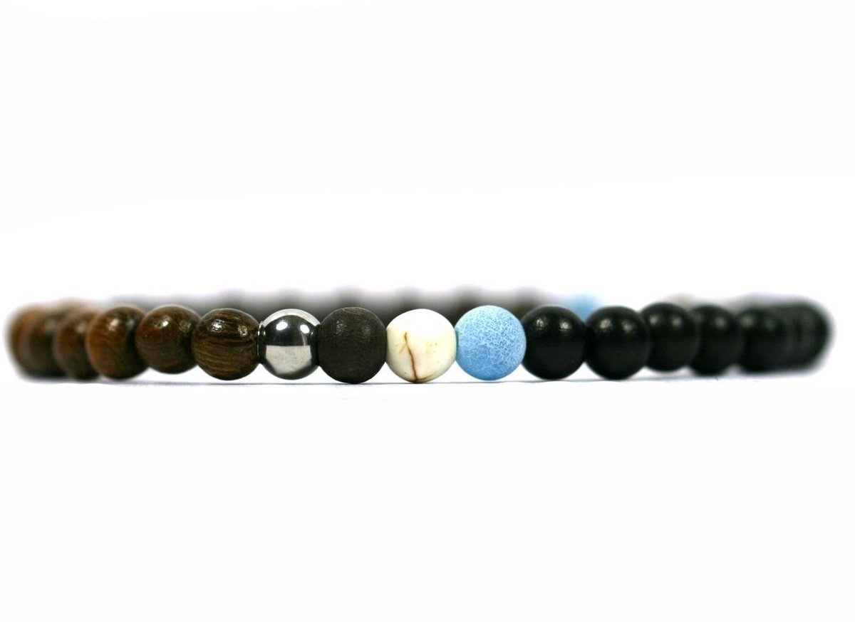 IbizaMen - heren armband - mix bruin/zwart/robles hout 6mm - blauw agaat/howliet stenen 21cm