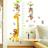 Vrolijke sticker voor muur of glas met meetlat, giraffe en apen - Voor babykamer of kinderkamer - Jongens & Meisjes - Groeilat