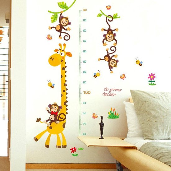 Verdwijnen verder redden Vrolijke sticker voor muur of glas met meetlat, giraffe en apen - Voor  babykamer of... | bol.com