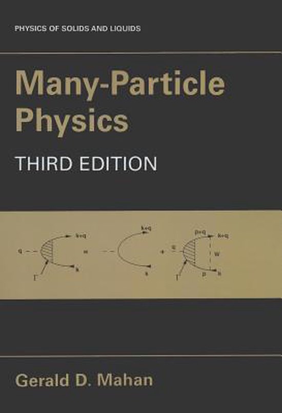 Boekomslag van 'Many-Particle Physics', derde editie, met een grafische weergave van deeltjesinteracties.