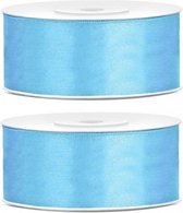 2x Hobby/decoratie blauwe satijnen sierlinten 2,5 cm/25 mm x 25 meter - Cadeaulinten satijnlinten/ribbons - Blauwe linten - Hobbymateriaal benodigdheden - Verpakkingsmaterialen