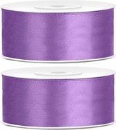 2x Hobby/decoratie paarse satijnen sierlinten 2,5 cm/25 mm x 25 meter - Cadeaulinten satijnlinten/ribbons - Lila paarse linten - Hobbymateriaal benodigdheden - Verpakkingsmaterialen