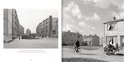 Straatbeeld met woningen, een man op een fiets en een man met een kar.