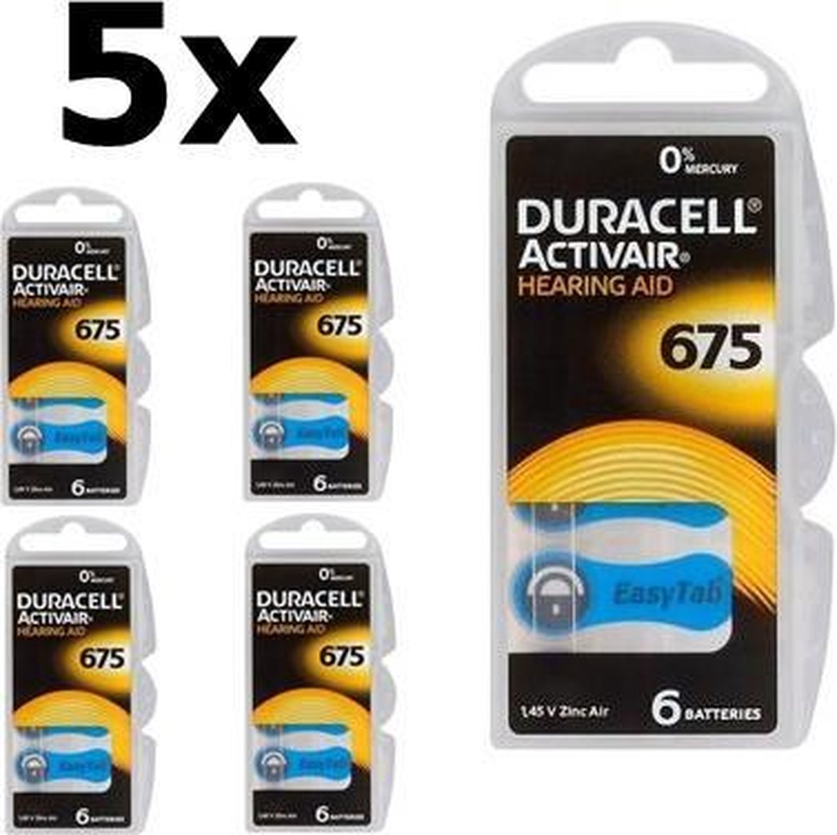 30 Stuks (5 Blisters a 6st) - Duracell ActivAir 675 MF Hg 0% gehoorapparaat batterij 650mAh 1.45V