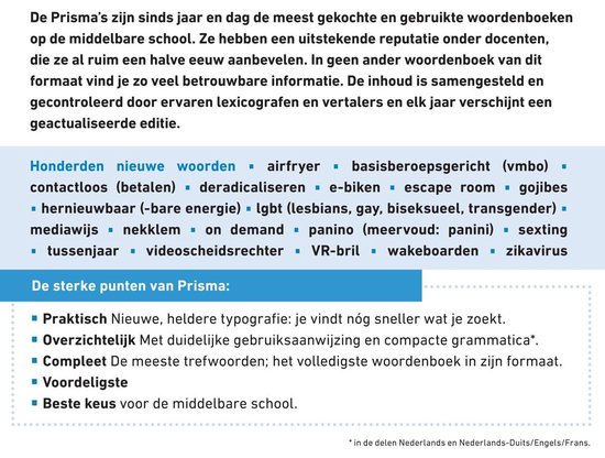 Overzicht van Prisma's woordenboeken met nieuwe woorden, airfryer, escape room, VR-bril, wakeboard, zika, etc. Met de sterke punten van Prisma.