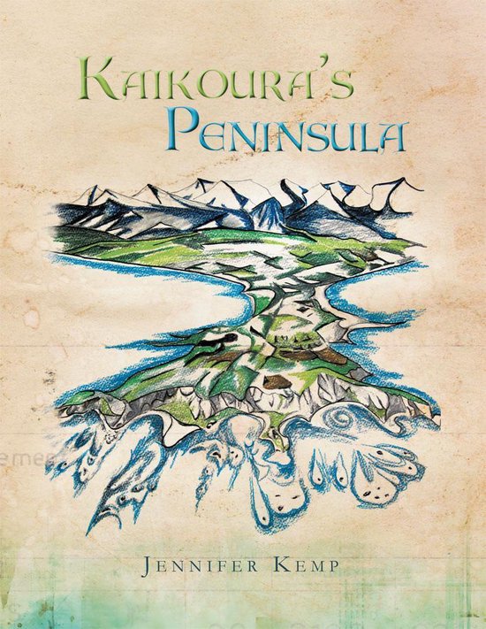 Illustration de la péninsule de Kaikoura avec montagnes, paysage verdoyant et eau. Titre : Kaikoura's Peninsula. Auteur : Jennifer Kemp.