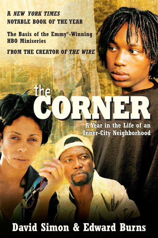 Boekcover met de titel 'the CORNER', met drie portretten: een jonge man met dreadlocks, een vrouw en een man met een pet.
