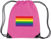 Regenboog nylon rijgkoord rugzak/ sporttas roze met Regenboog vlag