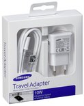 Witte Samsung Travel Adapter verpakking met micro USB-kabel en lader, 10W.