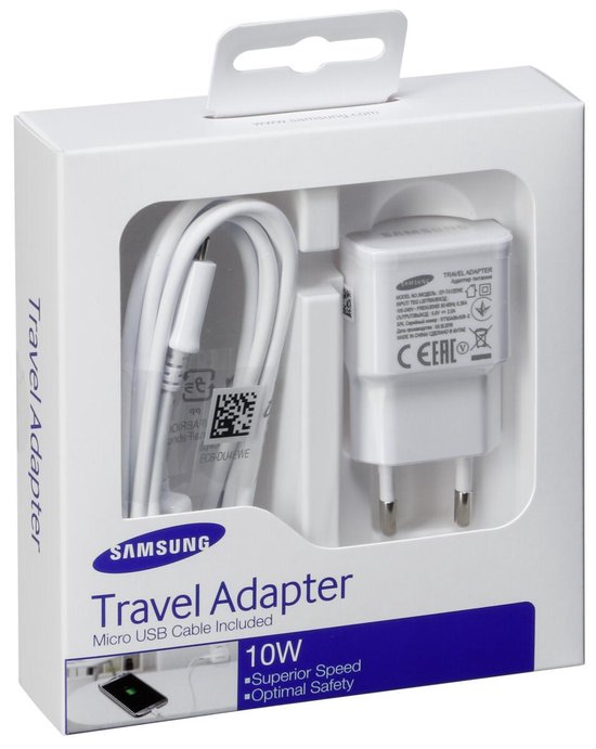 Witte Samsung Travel Adapter verpakking met micro USB-kabel en lader, 10W.