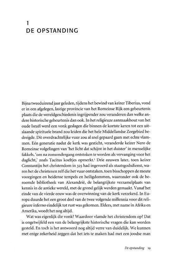 Tekst over de opstanding, met vermelding van de Romeinse Rijk, keizer Tiberius, het christendom en de eerste eeuwen. Pagina 19.