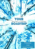 Boekomslag 'YOUR ANOUSHKA VAN BEMMEL ROADTRIP' met blauw aquarel bos. Werkboek voor (alle) jongeren.