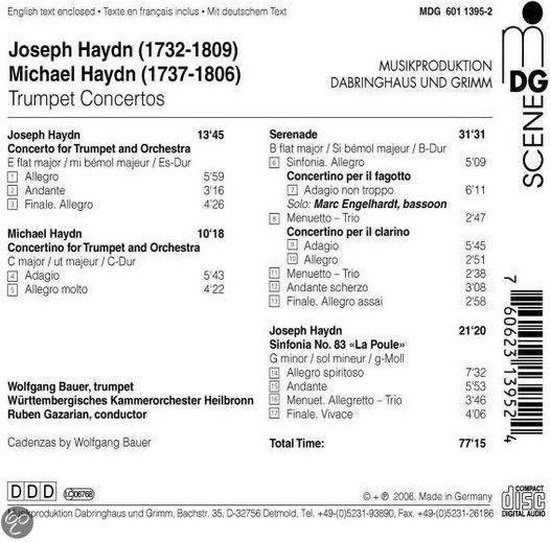 Albumhoes met tracklist, componist Joseph Haydn, titel Trumpet Concertos, uitvoerders Wolfgang Bauer en Ruben Gazarian.