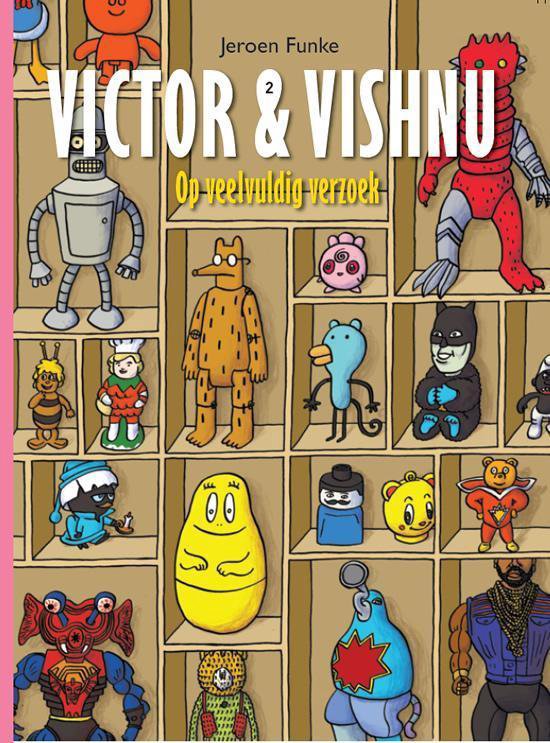 Boekomslag 'Victor & Vishnu 2' met illustratie van Jeroen Funke: diverse stripfiguren in vakjes, waaronder een robot, een rode robot, een gele robot en een kikker.