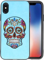 Borduurwerk Doodshoofd Back Cases - Hoesje Geschikt voor iPhone X Blauw