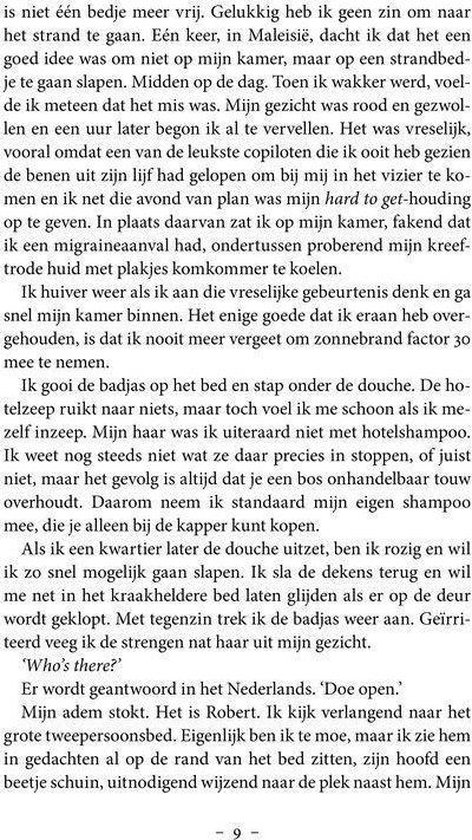 Tekstpagina uit een boek, met een dialoog over een verblijf in een hotel en een zieke passagier.