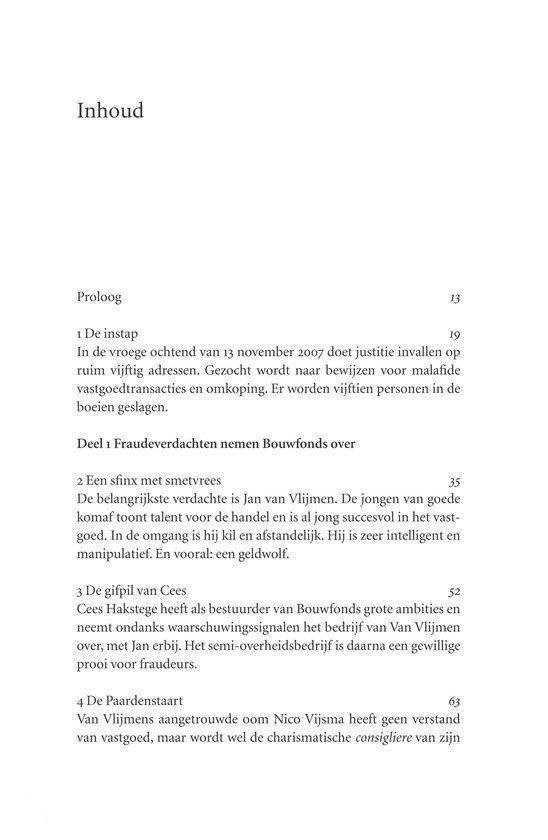 Tekstpagina met inhoudsopgave van het boek 'De vastgoedfraude'.