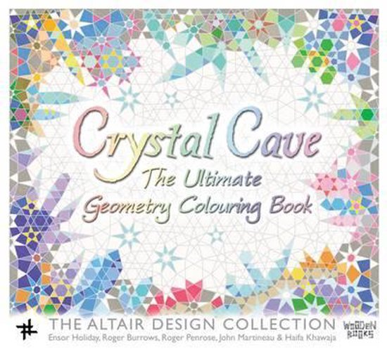 Crystal Cave - The Ultimate Geometry Colouring Book, cover met geometrische patronen in veelkleurige pastel tinten.
