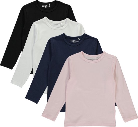 Dirkje Meisjes Shirts Lange Mouwen (4stuks) Zwart, Blauw, Lichtroze en Wit - Maat 116