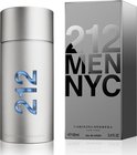 Zilverkleurige parfumfles en doos met '212 MEN NYC' in grote zwarte letters. Fles heeft blauwe '212' details.