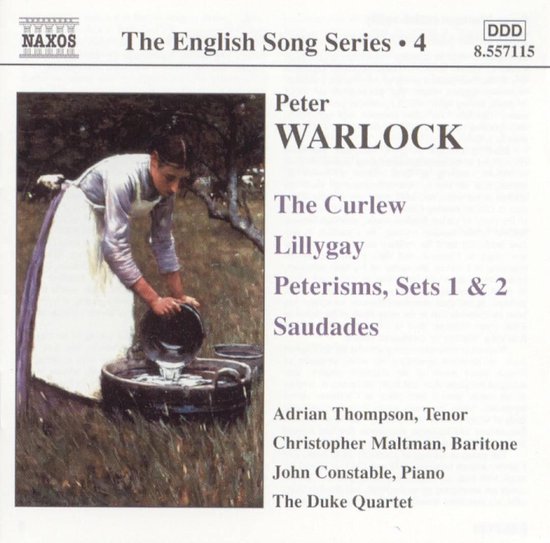 Een schilderij van een vrouw die water uit een ton giet. Titel: Peter Warlock, The Curlew, Lillygay, Peterisms, Sets 1 & 2, Saudades.