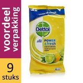 Dettol Power En Fresh Wipes Lemon - 9 x 32 stuks - voordeelverpakking