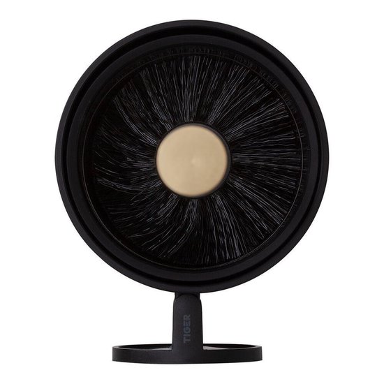 Brosse à toilettes noire avec centre doré incurvé, montée sur un support noir avec logo 'Tiger'.