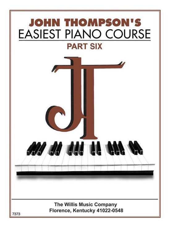 Livre intitulé JOHN THOMPSON'S EASIEST PIANO COURSE PART SIX, avec un monogramme JT stylisé au-dessus d'un clavier de piano.