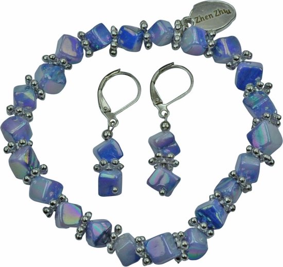 Parelmoeren set Shell Cube AB Blue - armband + oorbellen - parelmoer - edelstaal - blauw - zilver - elastisch