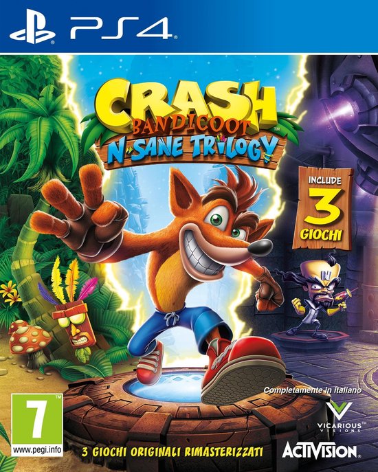 Crash Bandicoot: N.Sane Trilogy PS4 speldoos met Crash, Coco, Dr. Neo Cortex en Italiaanse tekst.