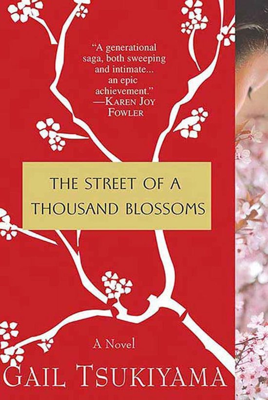 Boekomslag met rode achtergrond, witte takken met bloesems en de titel "THE STREET OF A THOUSAND BLOSSOMS".