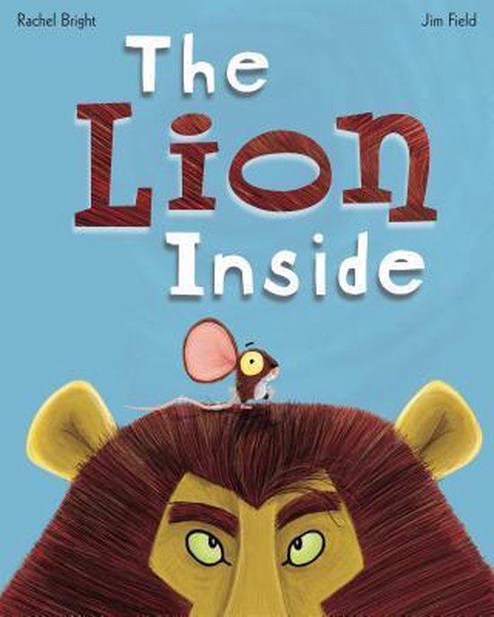 Boek 'The Lion Inside' met een illustratie van een leeuw en een muis bovenop zijn hoofd.