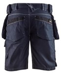 Achterkant van een donkerblauwe werkshort met label 'X1900', riemlussen, zakken en witte stiksels.