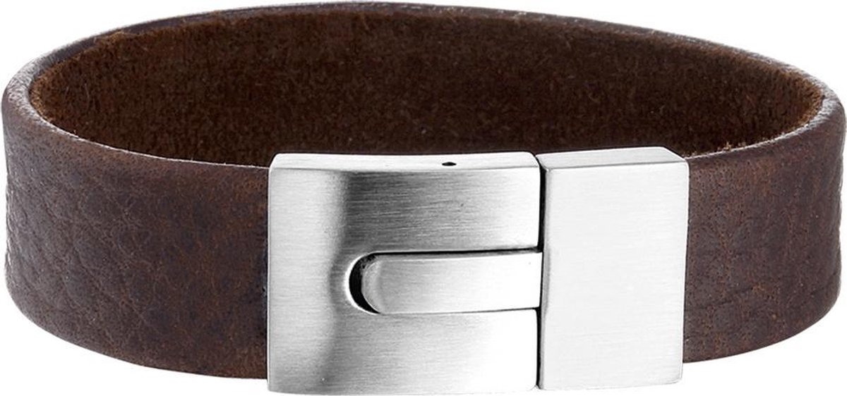Vigor Armband Leder Mat 15 mm 21 cm - Staal