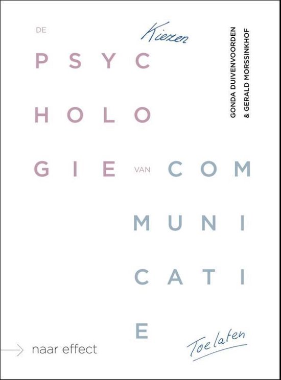 Boekomslag met de titel 'De psychologie van communicatie' in verticale tekst. Kleuren: paars, lichtblauw, grijs.