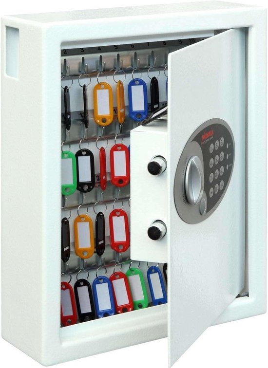 Witte Phoenix sleutelkluis met open deur, interieur met 48 gekleurde sleutelhaken en digitaal bedieningspaneel.