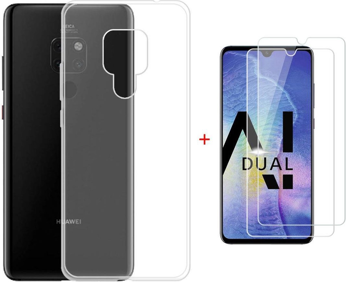 Huawei Mate 20 Hoesje Transparant TPU Siliconen Soft Case + Tempered Glass Screenprotector