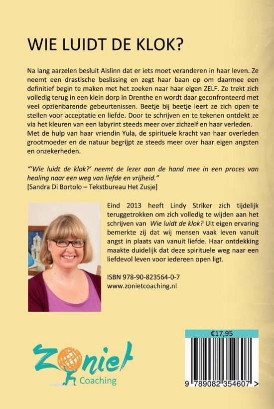 Boekomslag met een portret van een lachende vrouw met bril, de titel "Wie luidt de klok?" en uitgeverdetails.