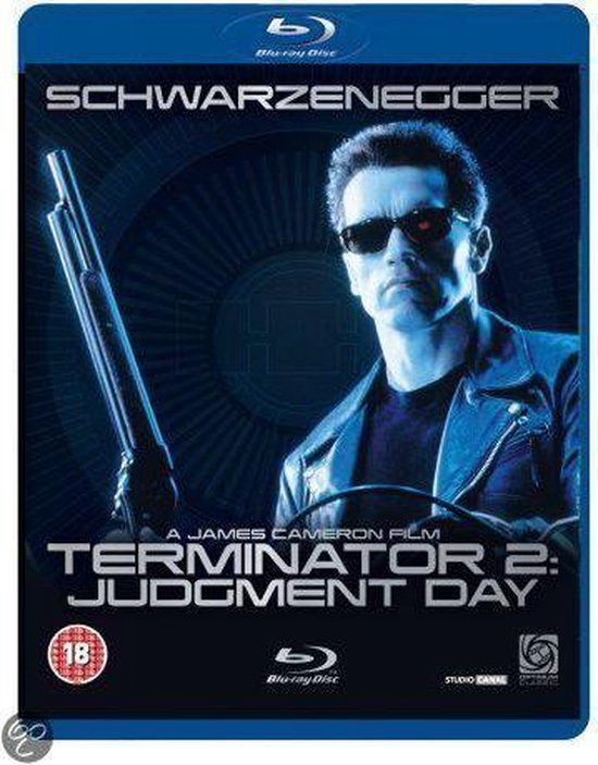 Blu-ray hoes van Terminator 2: Judgment Day, met Arnold Schwarzenegger in leren jack, zonnebril en met een wapen.