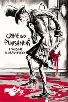 Omslag van 'Crime and Punishment' van Fjodor Dostojevski, met een bloederig tafereel en een man in een hoed.